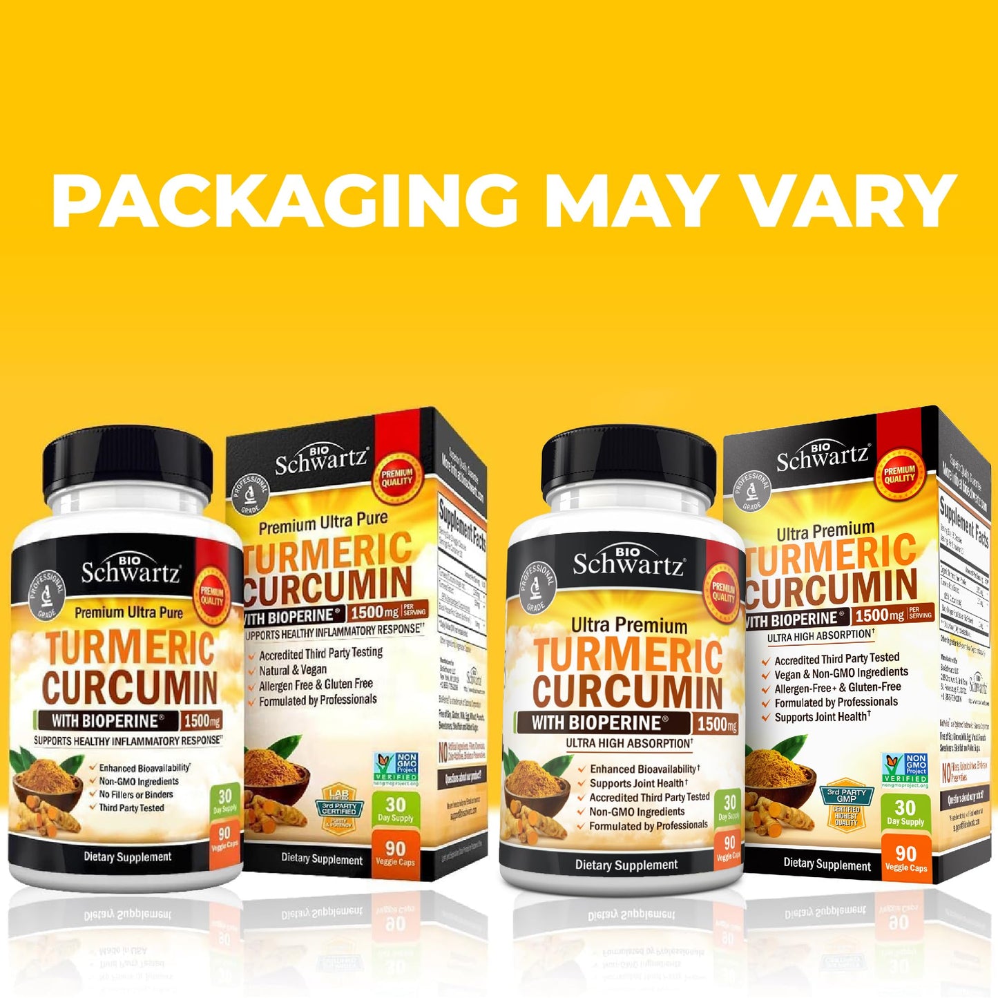 BioSchwartz Turmeric Curcumin 90 veggie caps premium packaging highlighting third party tested purity guarantee