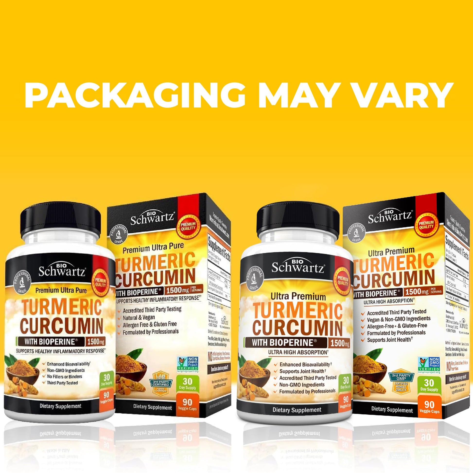 BioSchwartz Turmeric Curcumin 90 veggie caps premium packaging highlighting third party tested purity guarantee