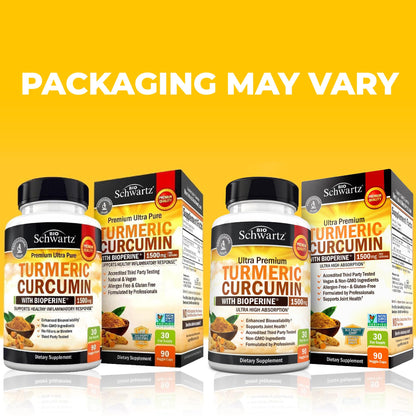 BioSchwartz Turmeric Curcumin 90 veggie caps premium packaging highlighting third party tested purity guarantee