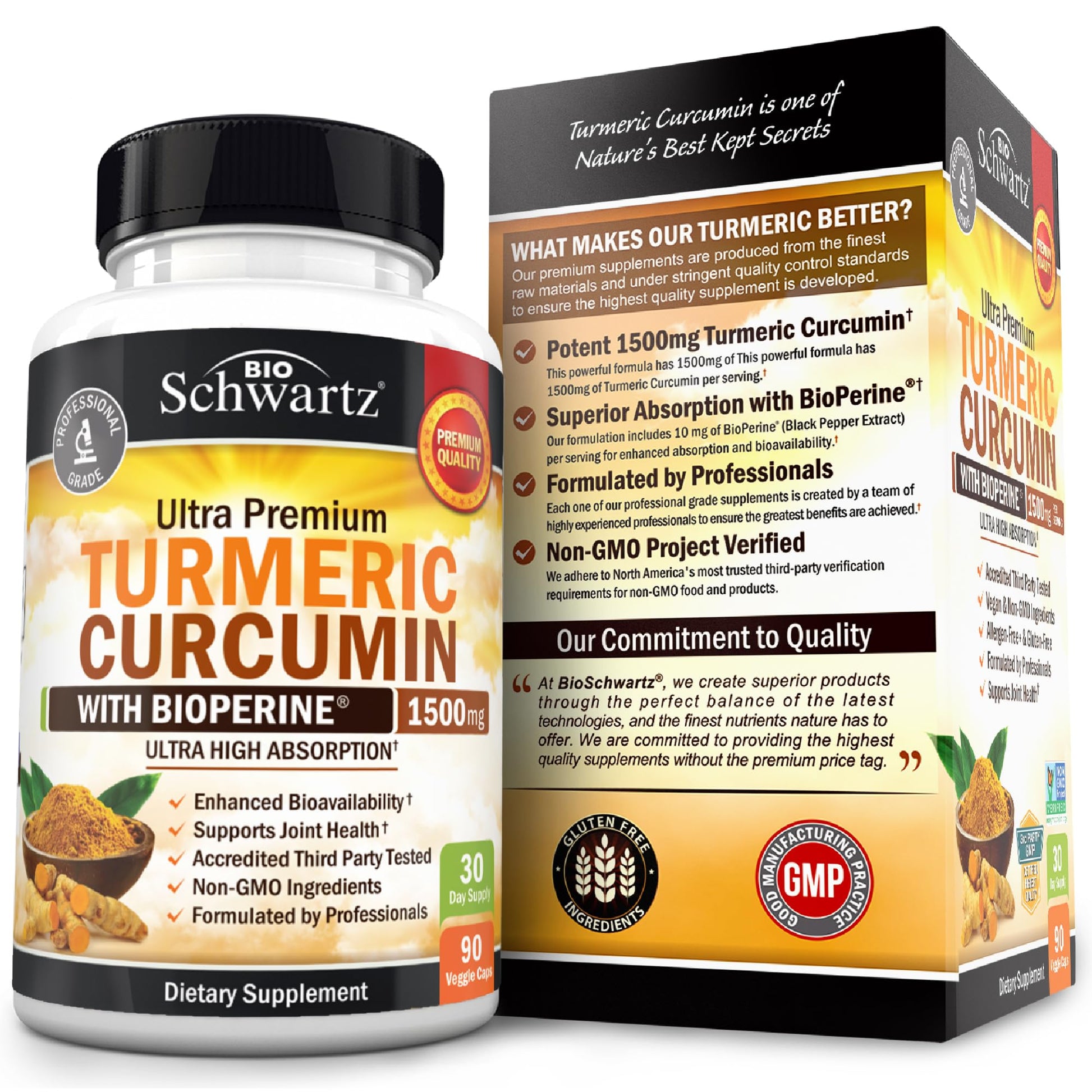 Side view of BioSchwartz Turmeric Curcumin 1500mg packaging demonstrating original USA imported product quality