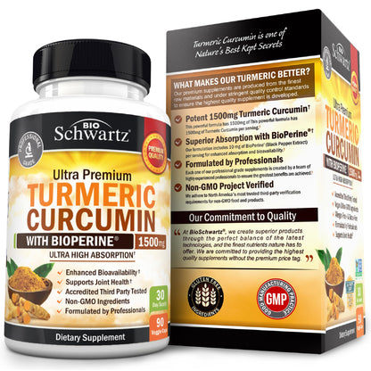 Side view of BioSchwartz Turmeric Curcumin 1500mg packaging demonstrating original USA imported product quality