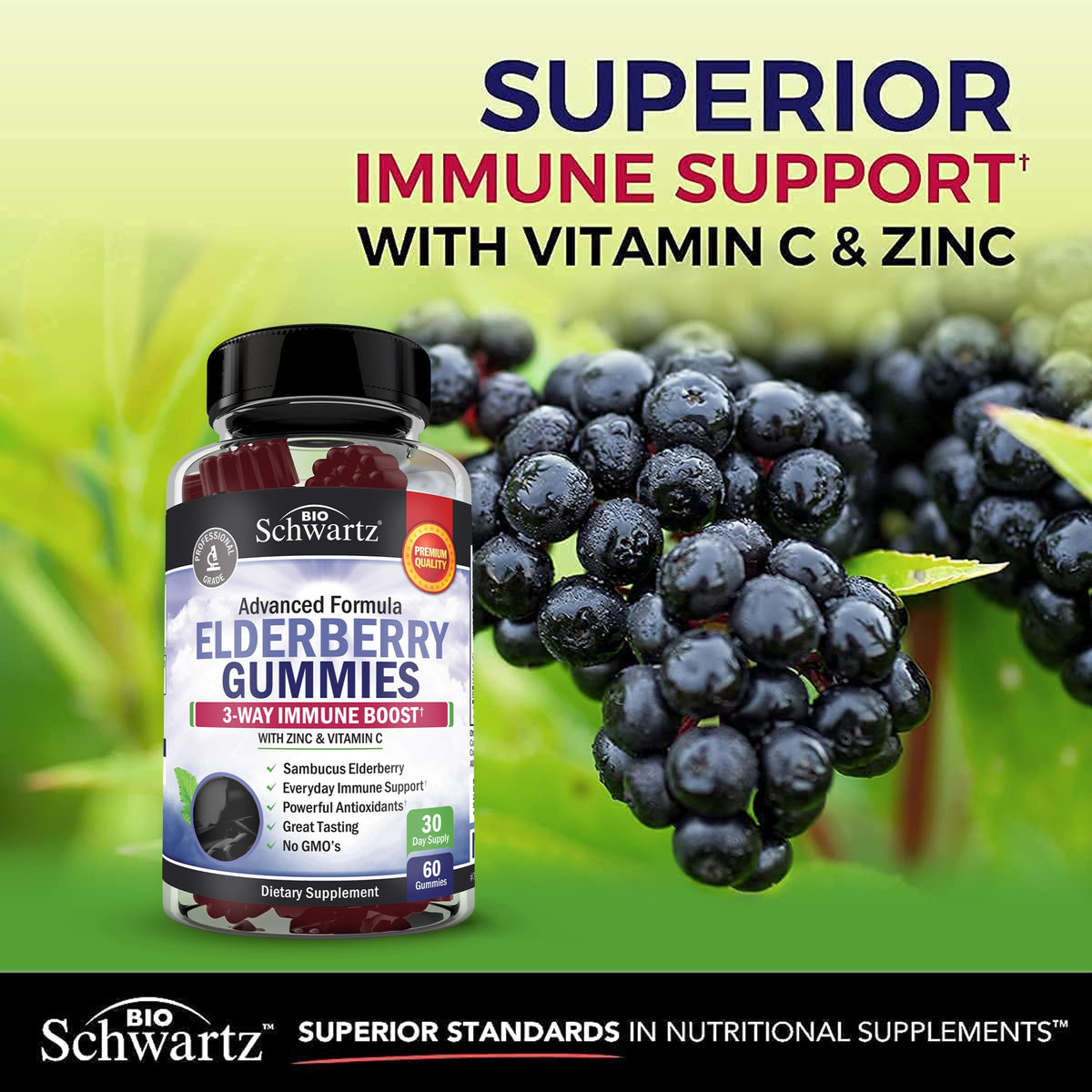 Premium black elderberry gummies with zinc and vitamin C packaging