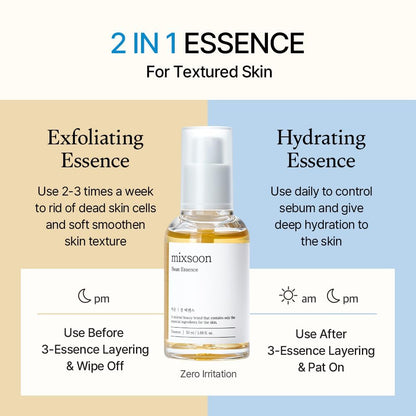 Mixsoon fermented soy exfoliating essence bottle displaying the minimalist packaging