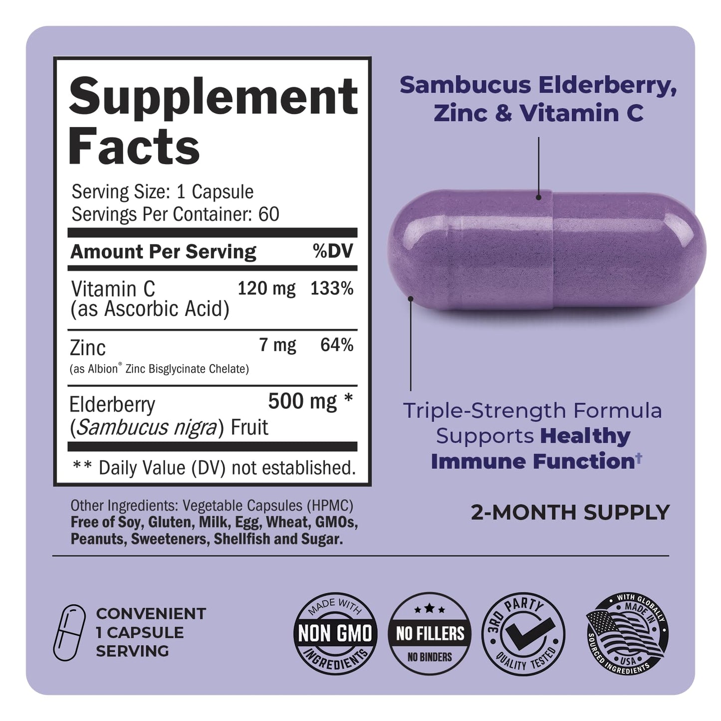Sixty day supply of USA imported authentic elderberry veggie capsules for antioxidant support