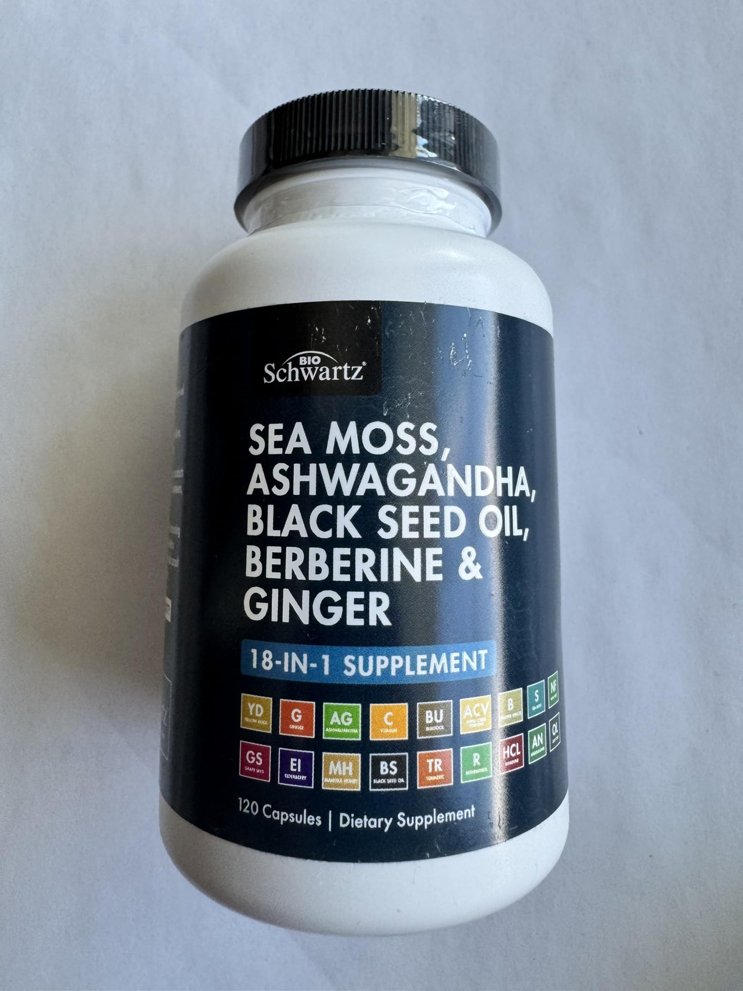 BioSchwartz ashwagandha and turmeric capsules bottle with product specifications