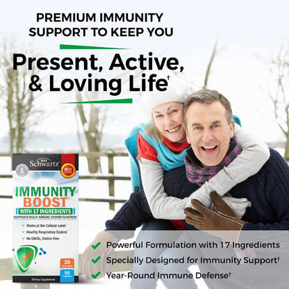 Authentic BioSchwartz 17-in-1 adult defense vitamins packaging highlighting its non-GMO and gluten-free status