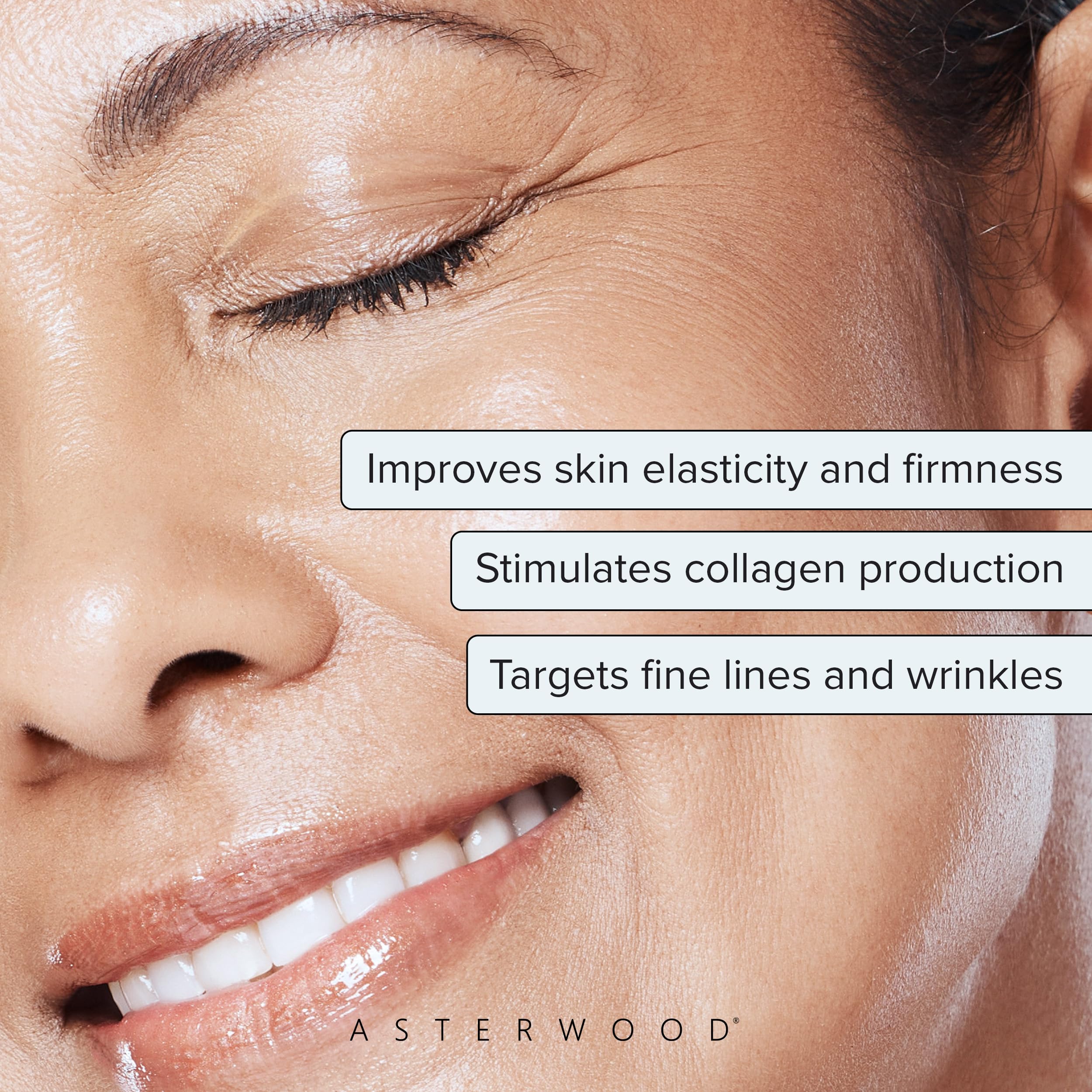 Asterwood anti-aging facial serum containing GHK-Cu peptide and hyaluronic acid for skin tightening.