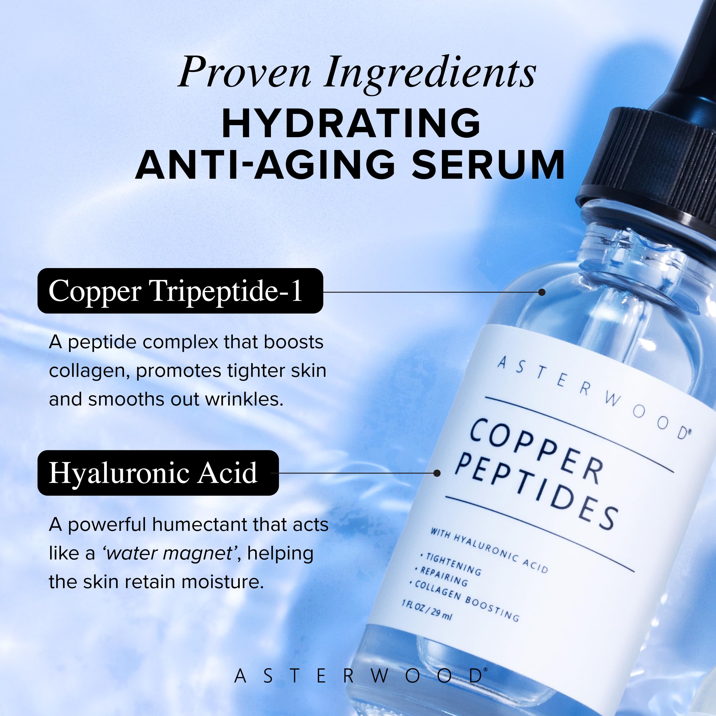 Asterwood 0.10 percent pure formula copper tripeptide facial serum on a clean background.