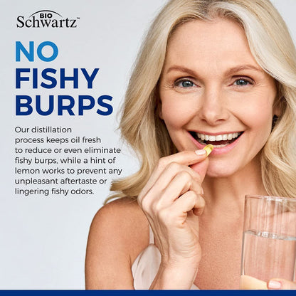 Sustainably sourced wild caught omega 3 softgels pouring out of bottle