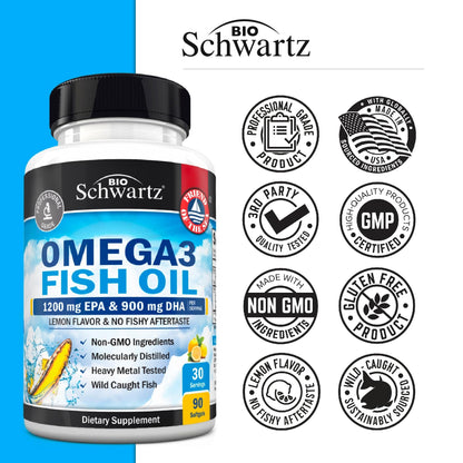 Three ultra pure amber omega 3 capsules showing daily serving size