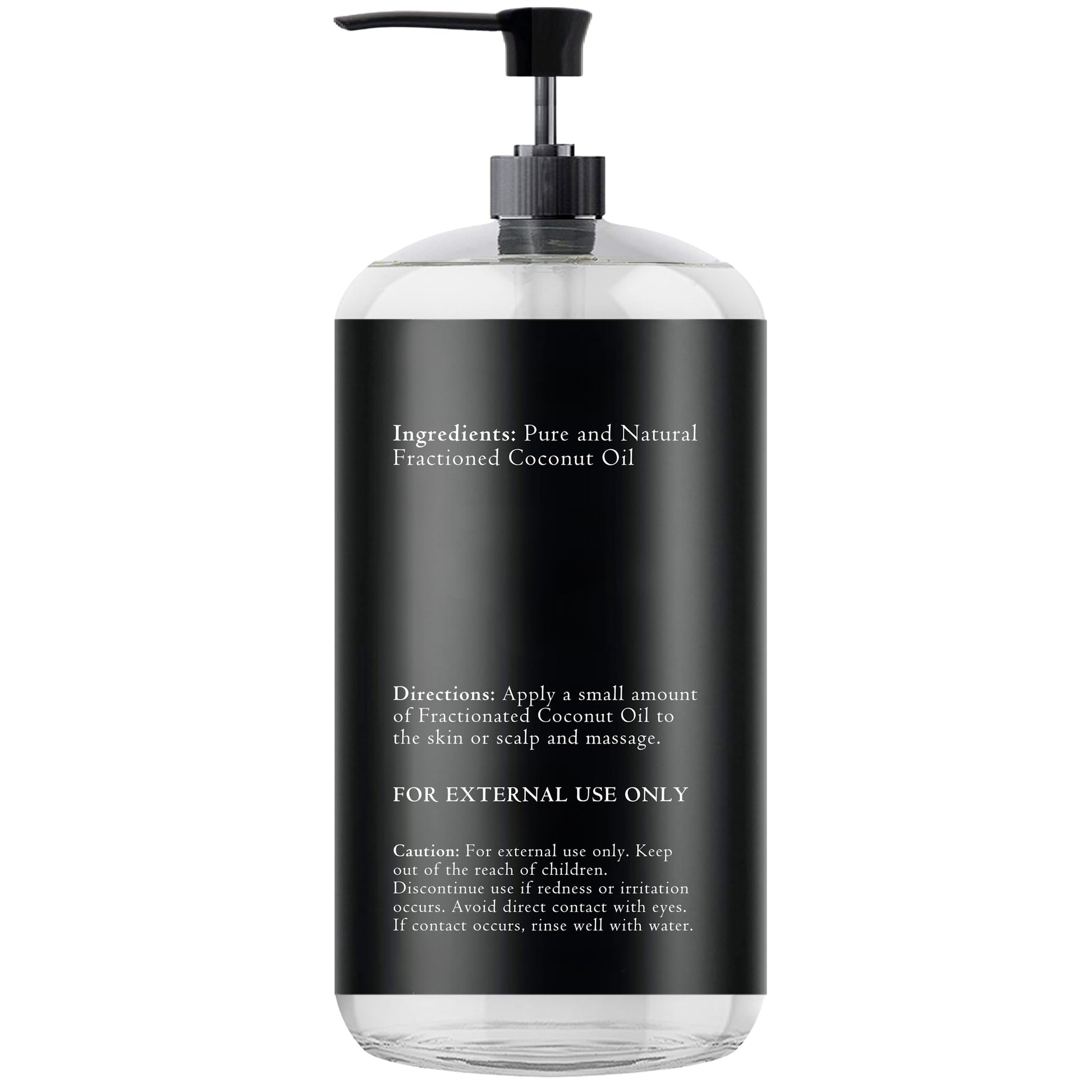 Essentially KateS Fractionated Coconut Oil 500ml bottle standing upright alongside its pump dispenser.