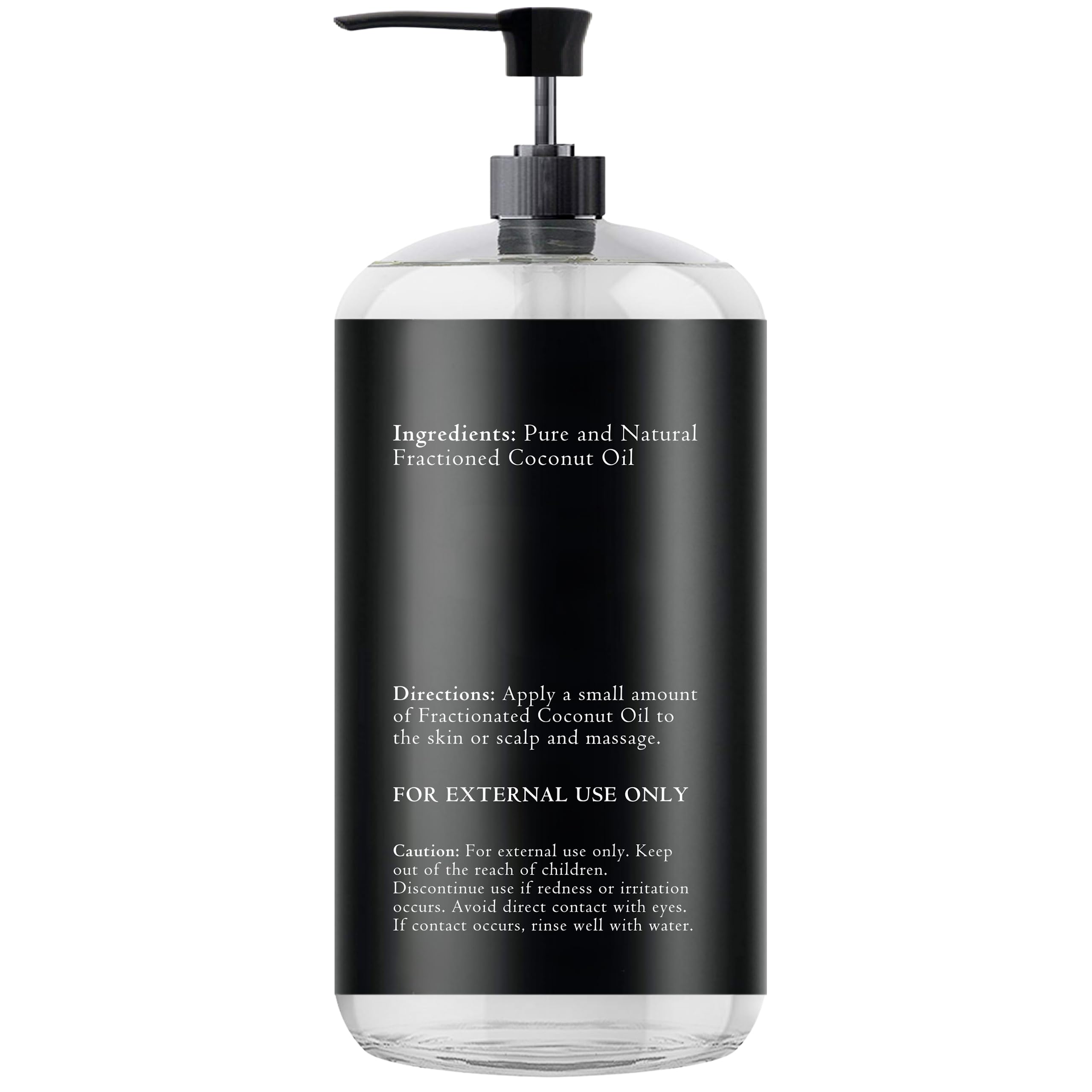 Essentially KateS Fractionated Coconut Oil 500ml bottle standing upright alongside its pump dispenser.