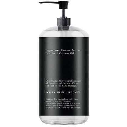 Essentially KateS Fractionated Coconut Oil 500ml bottle standing upright alongside its pump dispenser.