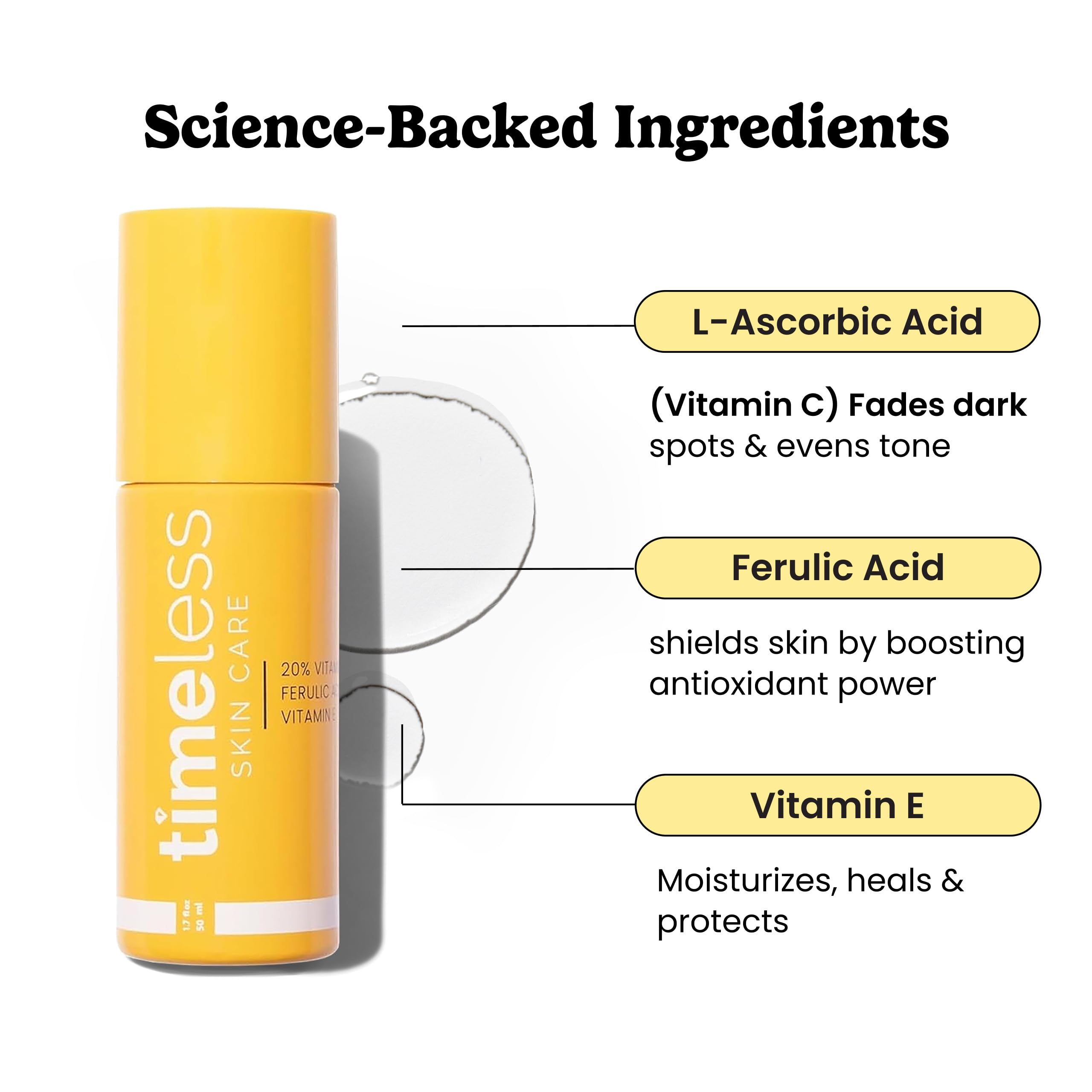 Timeless 20 percent vitamin C plus E ferulic acid serum packaging displaying ingredients