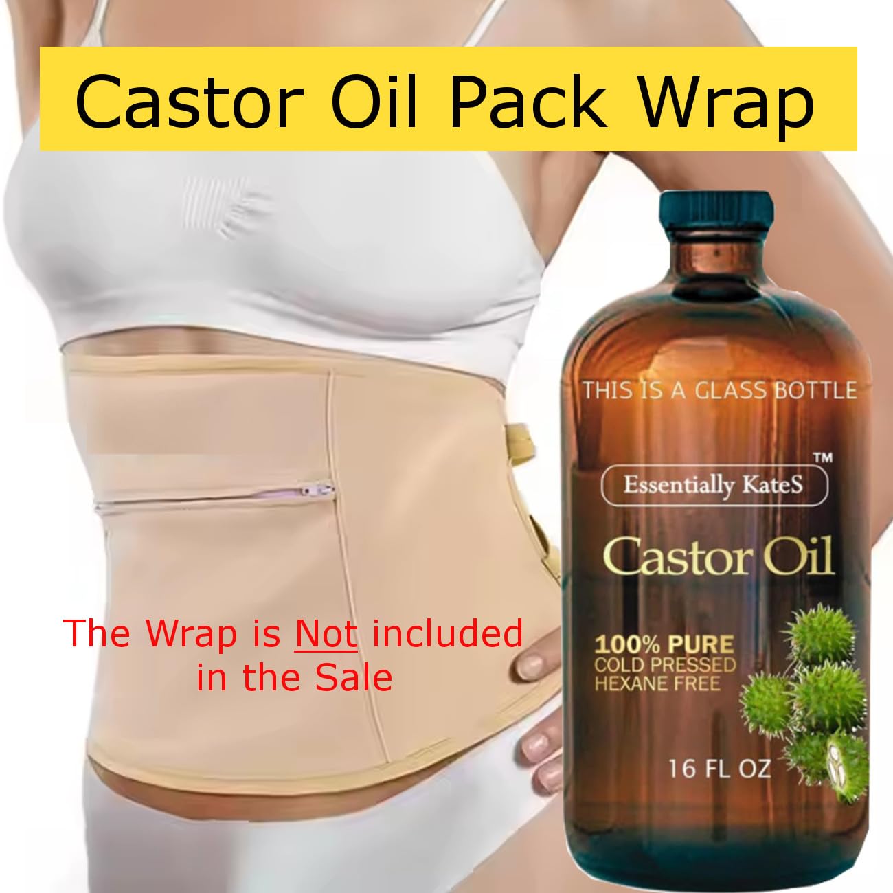 Side view of Essentially KateS castor oil showcasing its rich natural color inside the amber glass packaging