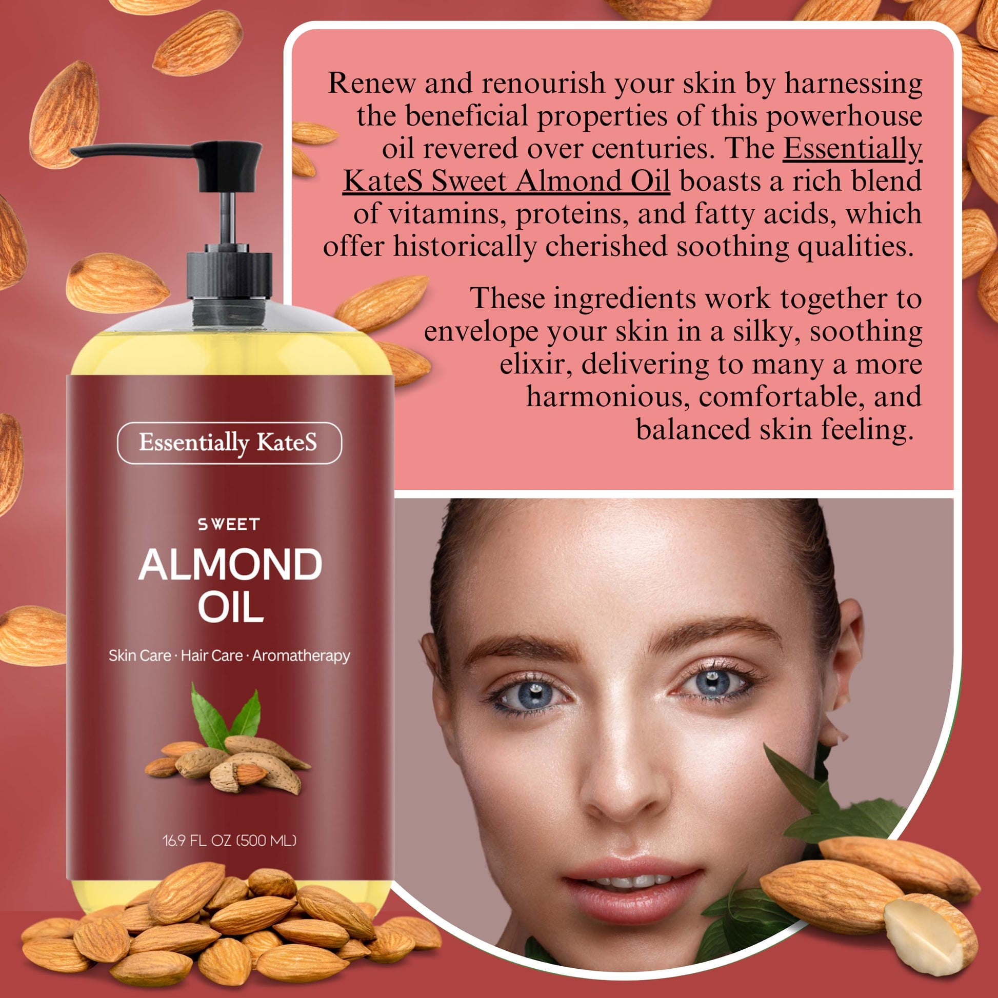 Essentially KateS Sweet Almond Oil back label showing directions and natural ingredients
