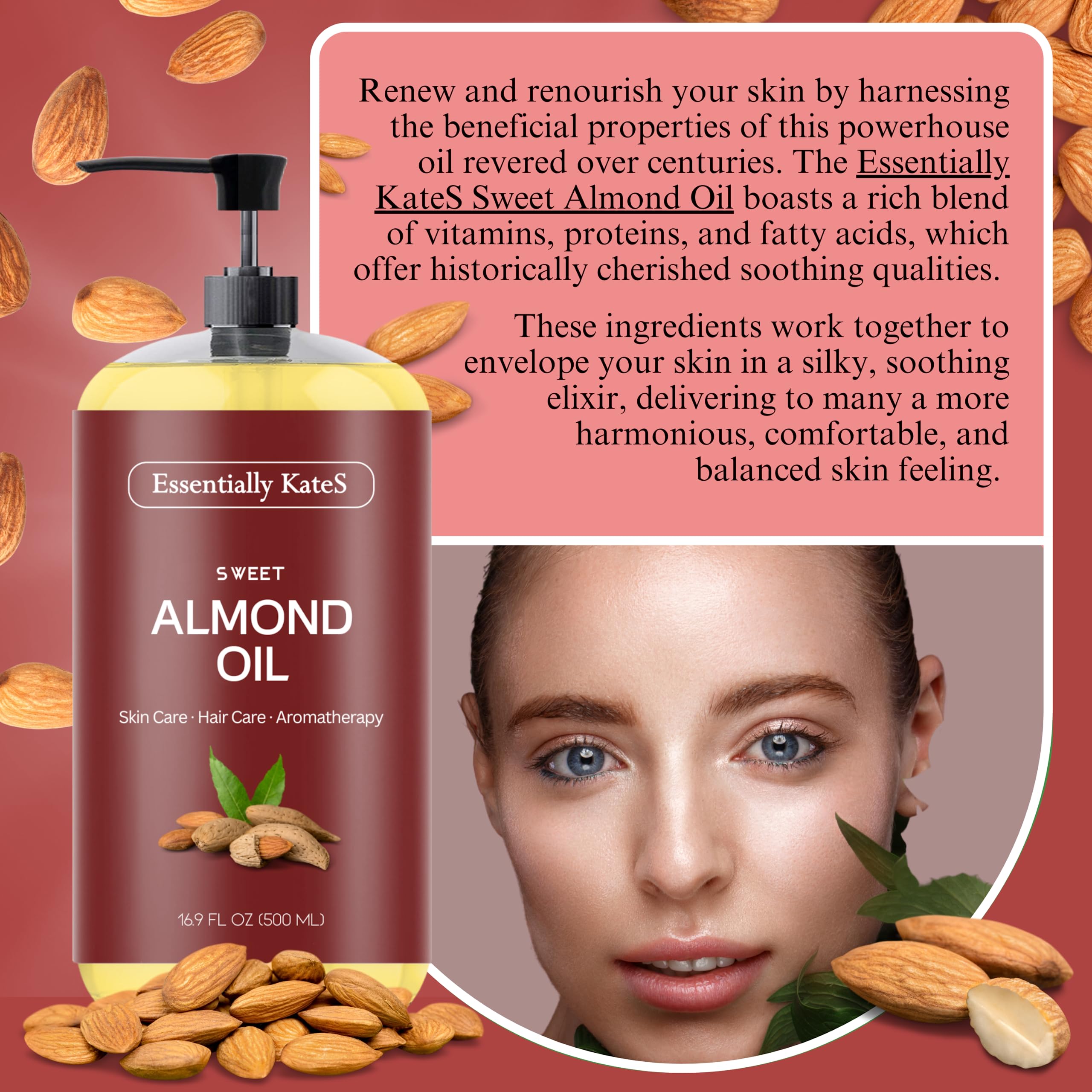 Essentially KateS Sweet Almond Oil back label showing directions and natural ingredients