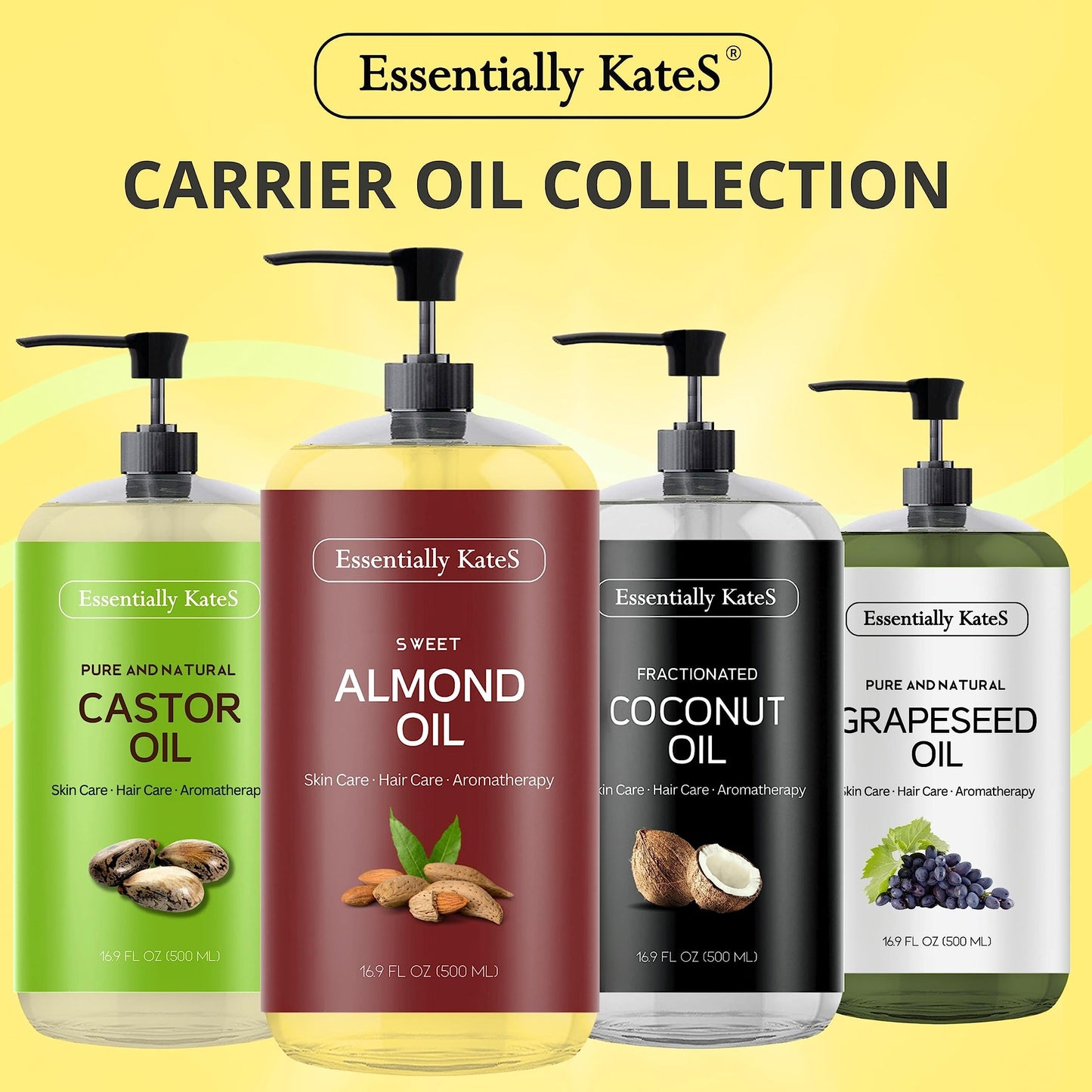 Essentially KateS Sweet Almond Oil lifestyle display showing versatile moisturizing use