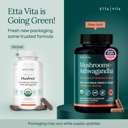 Etta Vita 10-in-1 adaptogenic mushroom supplement bottle showing USDA Organic certification seal