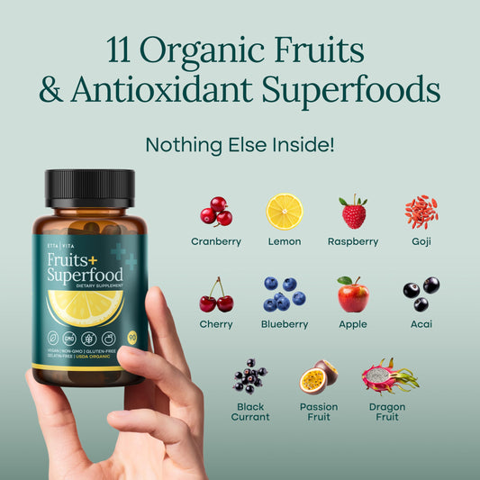 Etta Vita Fruits plus Superfood and Veggies plus Superfood capsules packaging showing certified organic ingredients