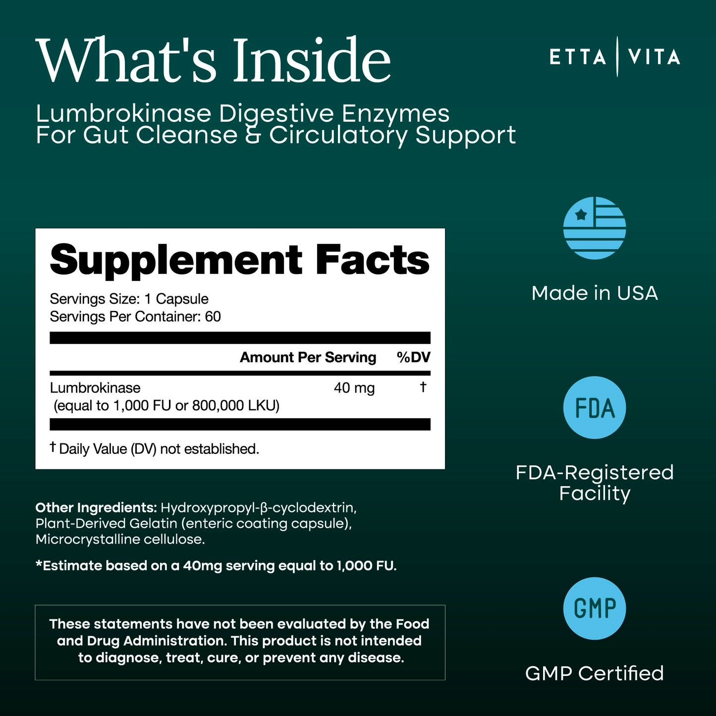 Supplement facts panel of Etta Vita Lumbrokinase Enzymes forty milligrams showing pure premium ingredients