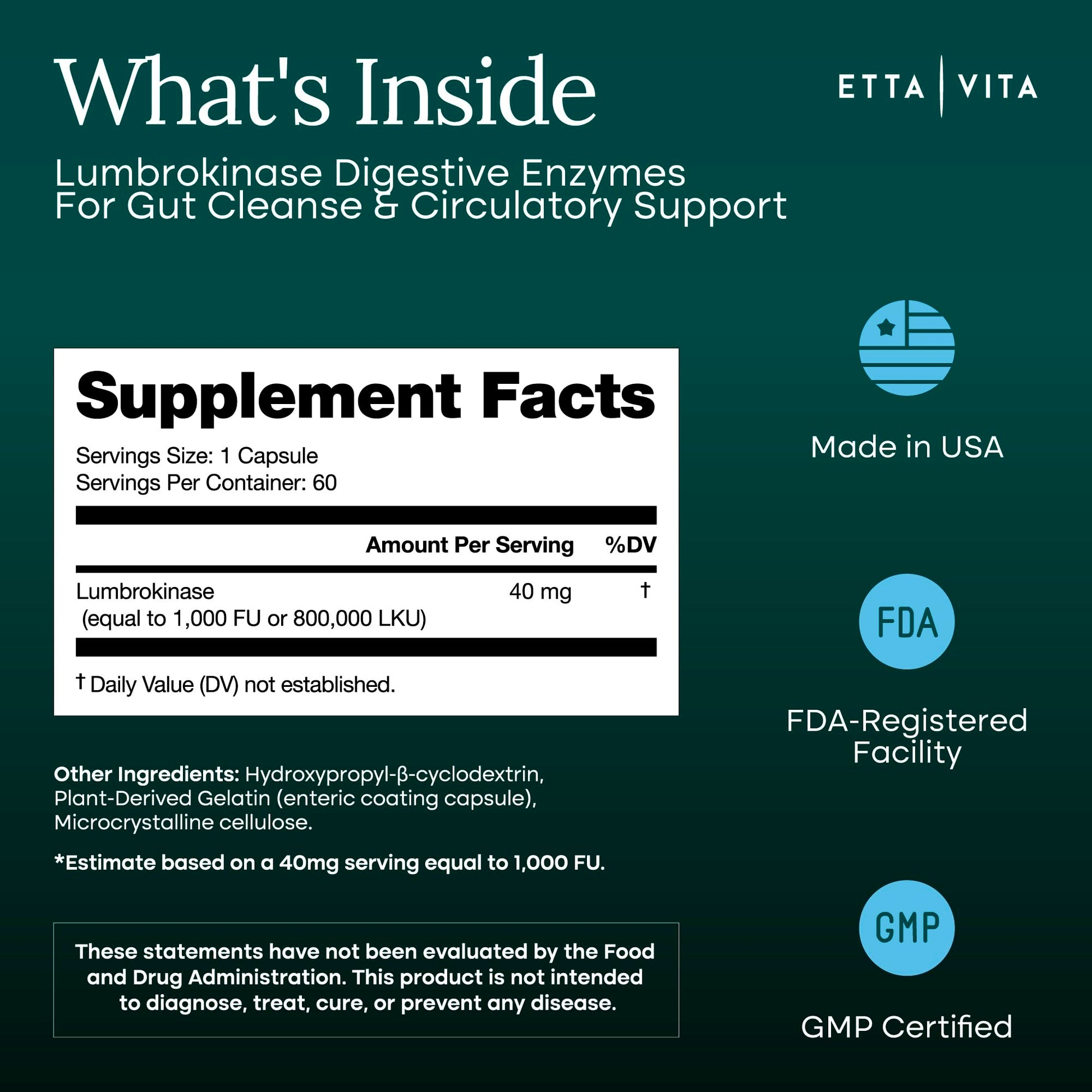 Supplement facts panel of Etta Vita Lumbrokinase Enzymes forty milligrams showing pure premium ingredients