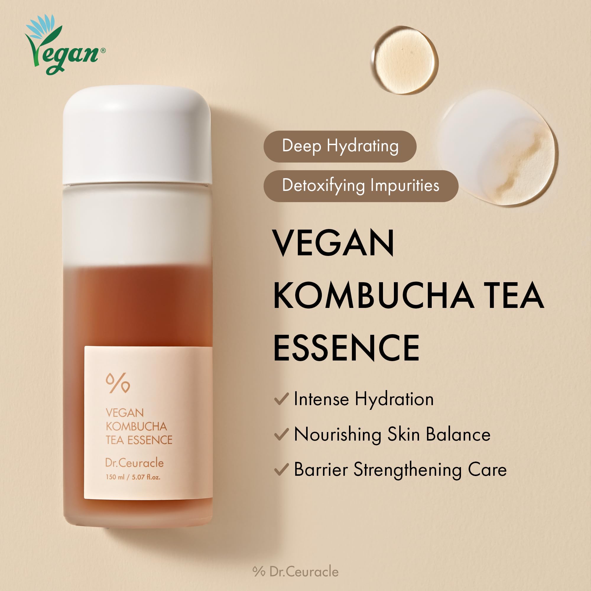 Close up of the Dr Ceuracle 150 ml bottle highlighting the vegan tea complex ingredients