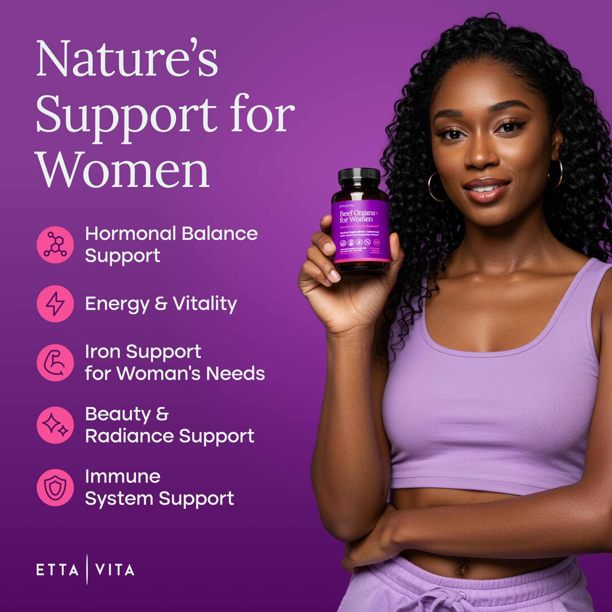 Etta Vita grass fed beef organs for women supplement bottle displaying the ingredient panel.