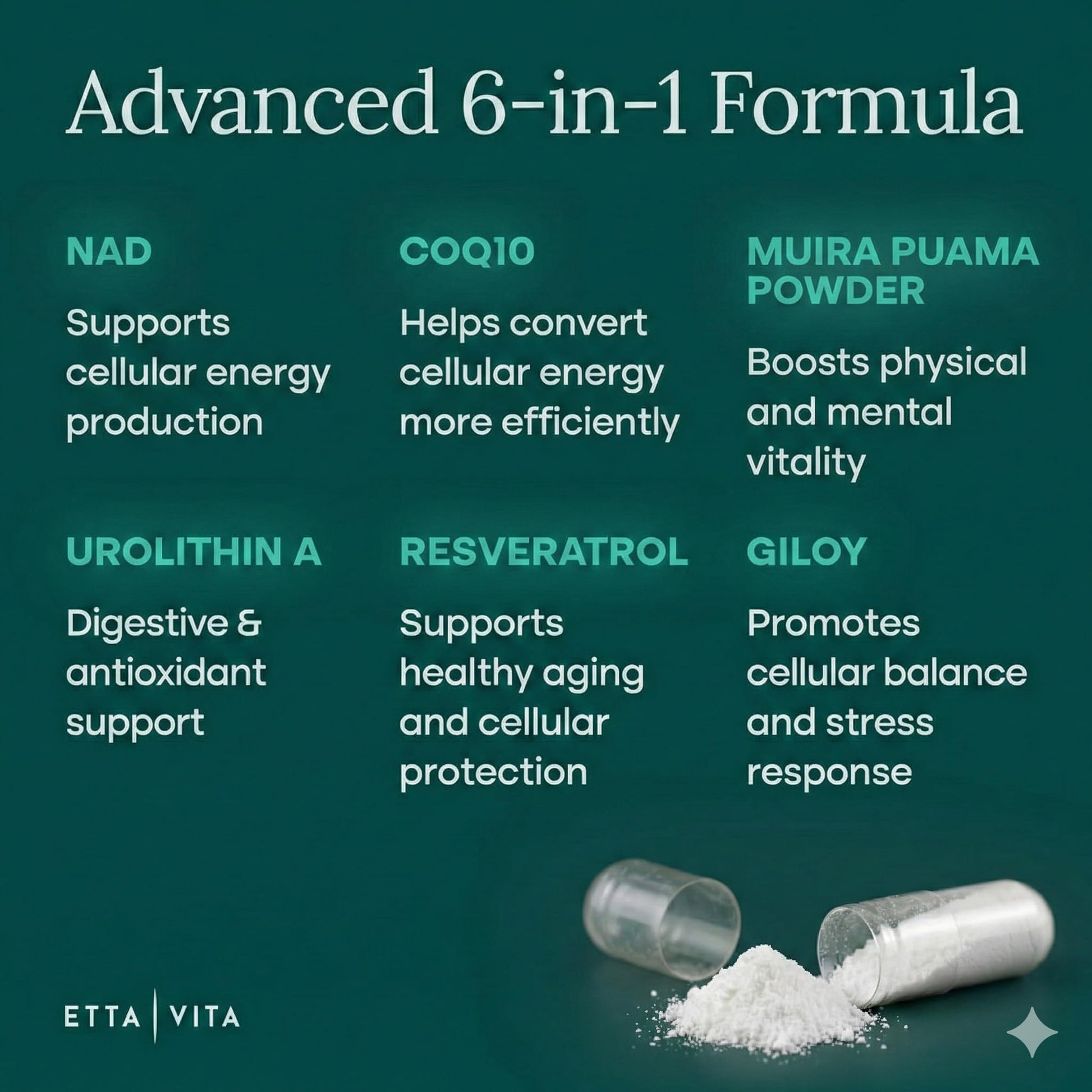Etta Vita cellular defense supplement bottle alongside protective ingredient highlights