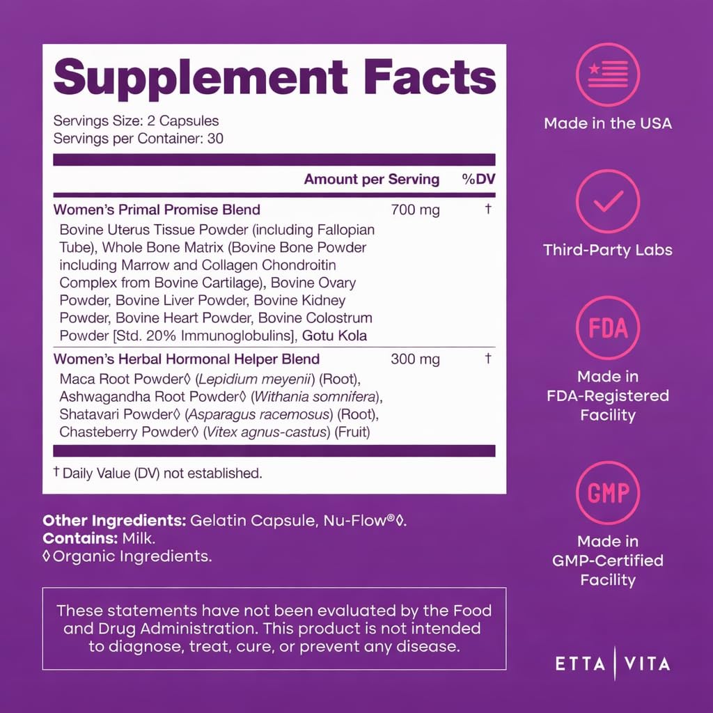 Etta Vita bovine uterus ovary liver heart kidney supplement bottle highlighting the Made in USA seal.