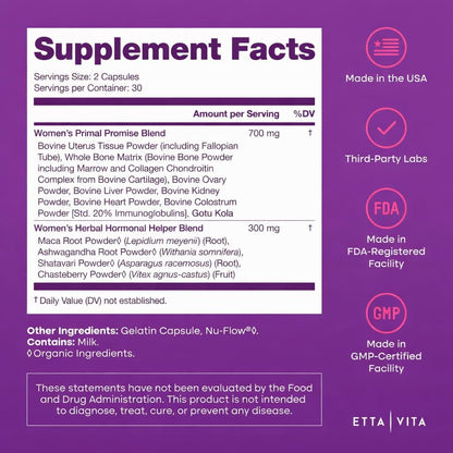 Etta Vita bovine uterus ovary liver heart kidney supplement bottle highlighting the Made in USA seal.