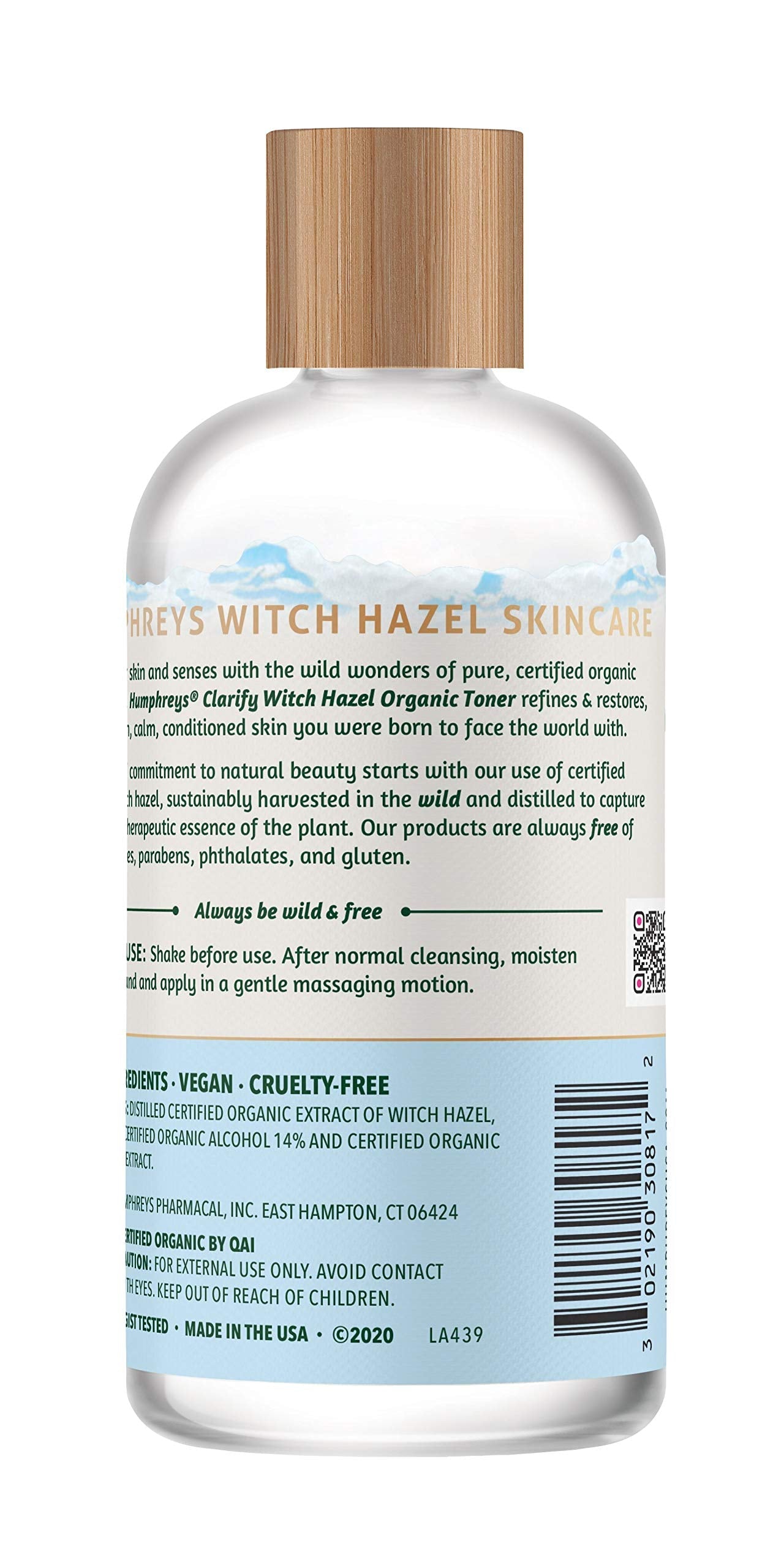 Humphreys organic witch hazel facial toner bottle displaying the certified organic label