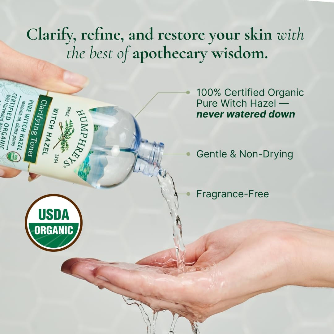 Back label of Humphreys clarify wild harvested witch hazel toner showing pure ingredients