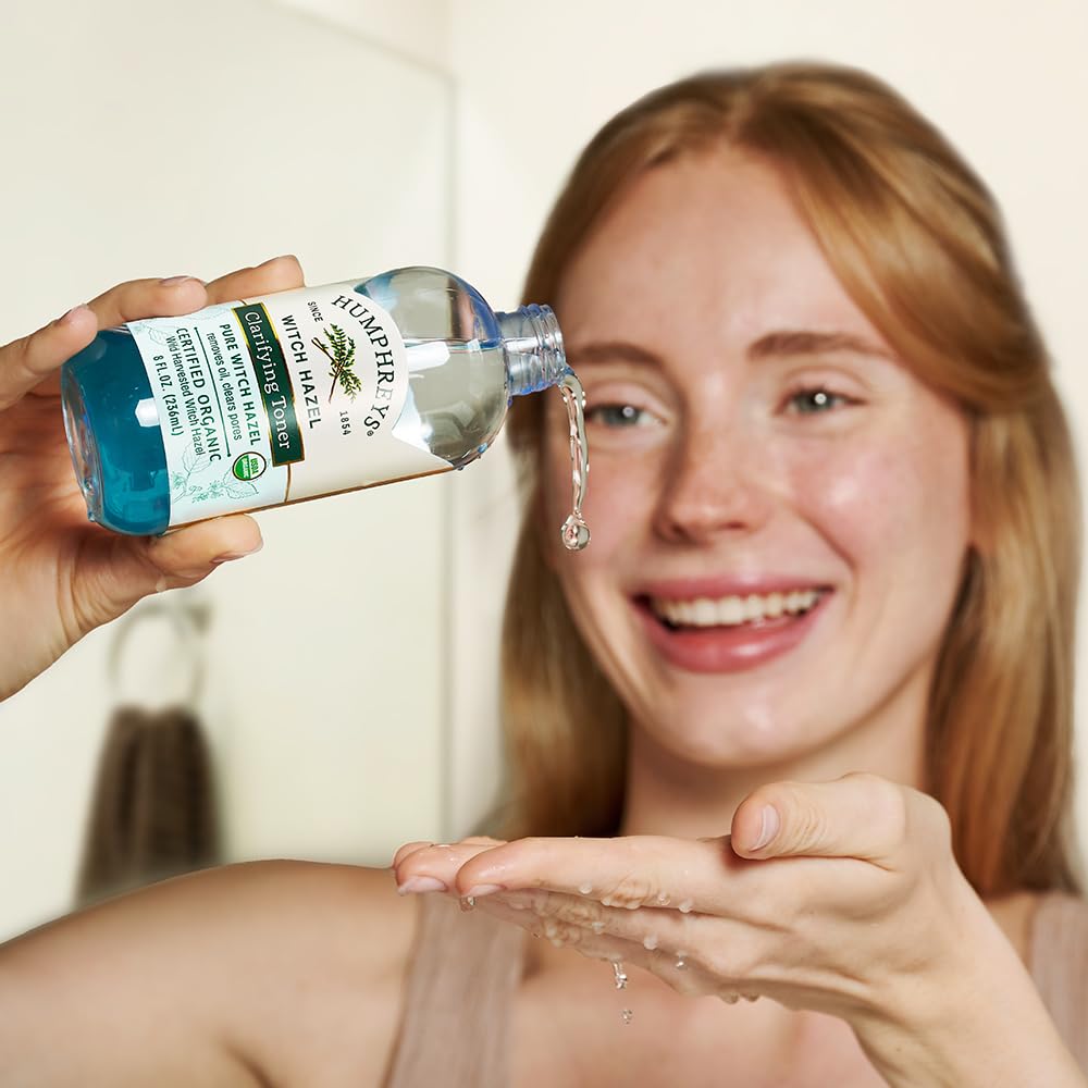 Top angle view of Humphreys eight fluid ounce organic witch hazel toner packaging