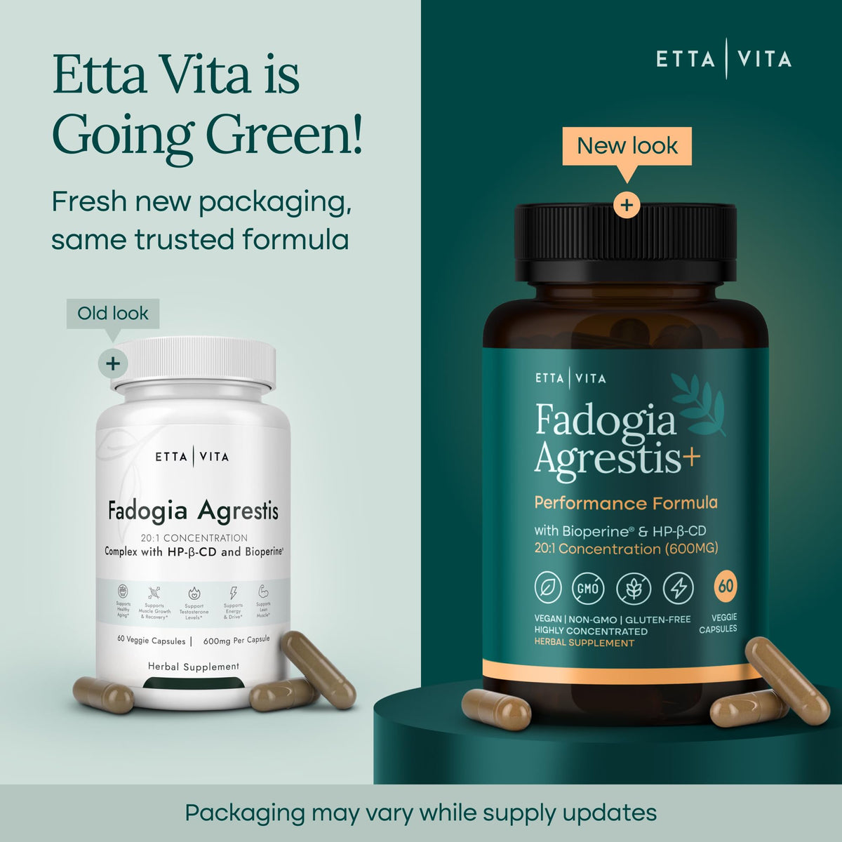 Full range view of Etta Vita 600 Milligram capsule container emphasizing maximum strength potency
