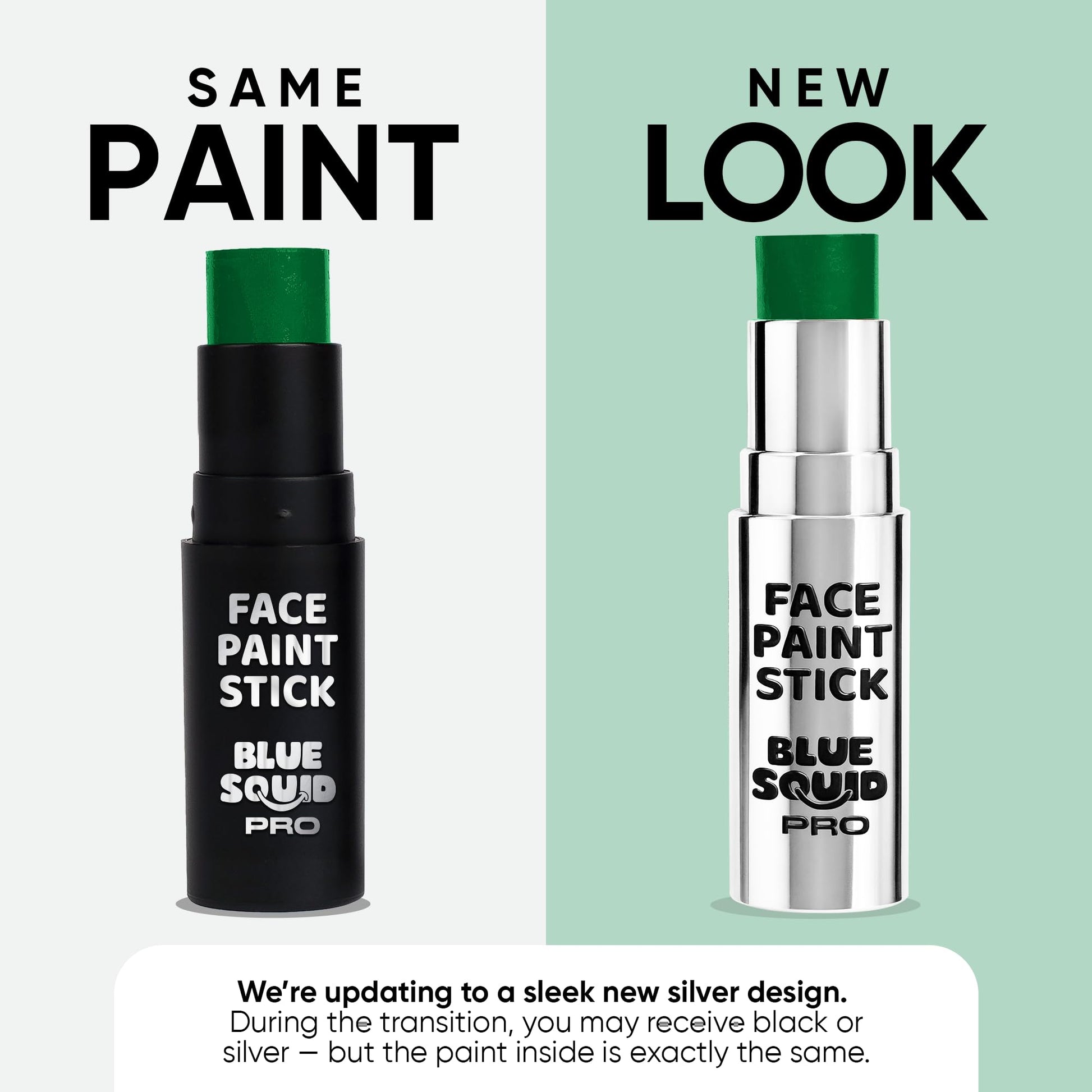 Blue Squid PRO waterproof green body paint stick swatched on a hand showing high pigment coverage