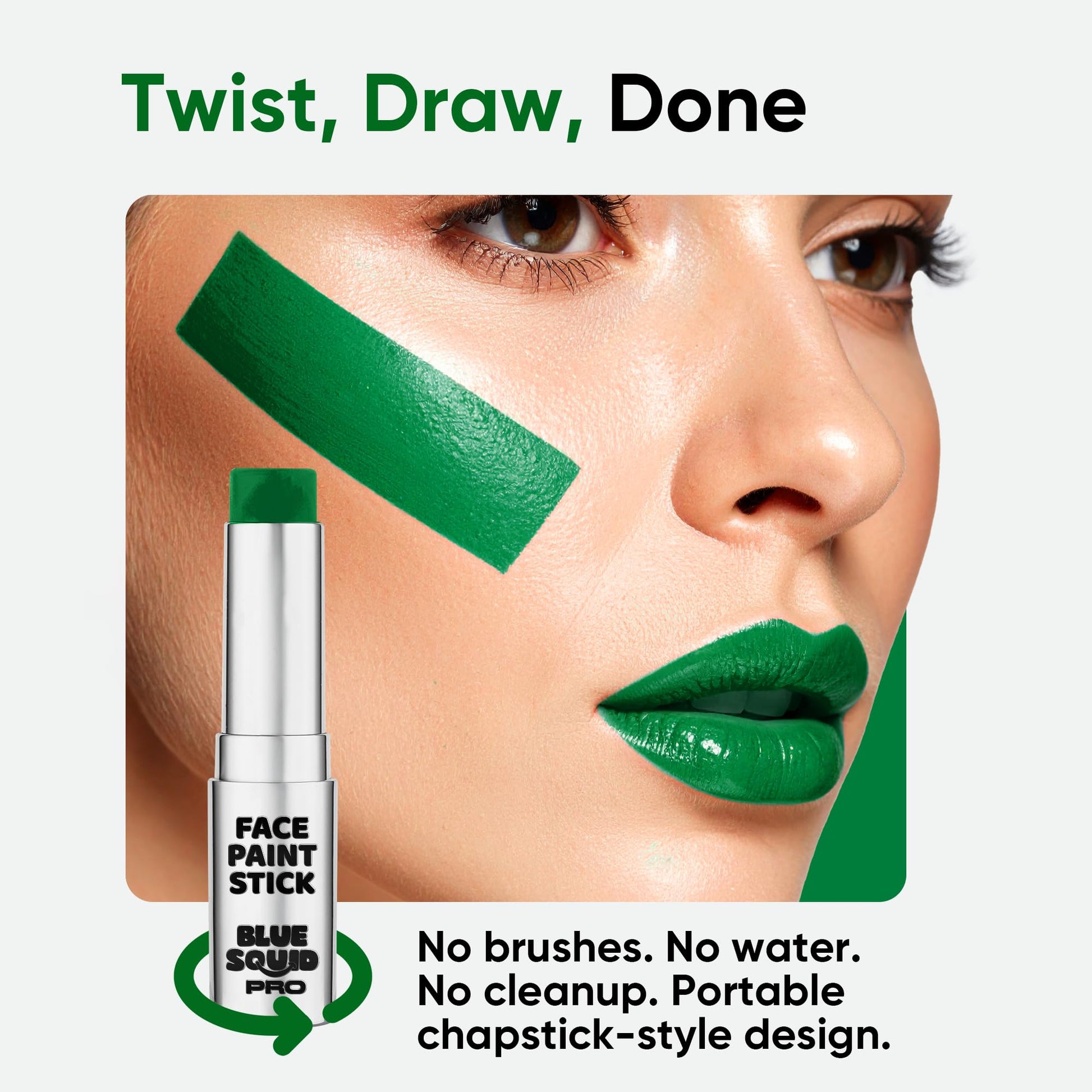 Sweatproof forest green makeup stick packaging displaying safety and vegan certification labels