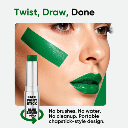 Sweatproof forest green makeup stick packaging displaying safety and vegan certification labels