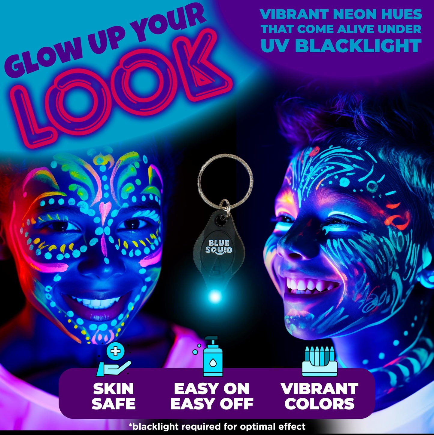 Vibrant fluorescent face paint colors glowing intensely under an active ultraviolet light source.