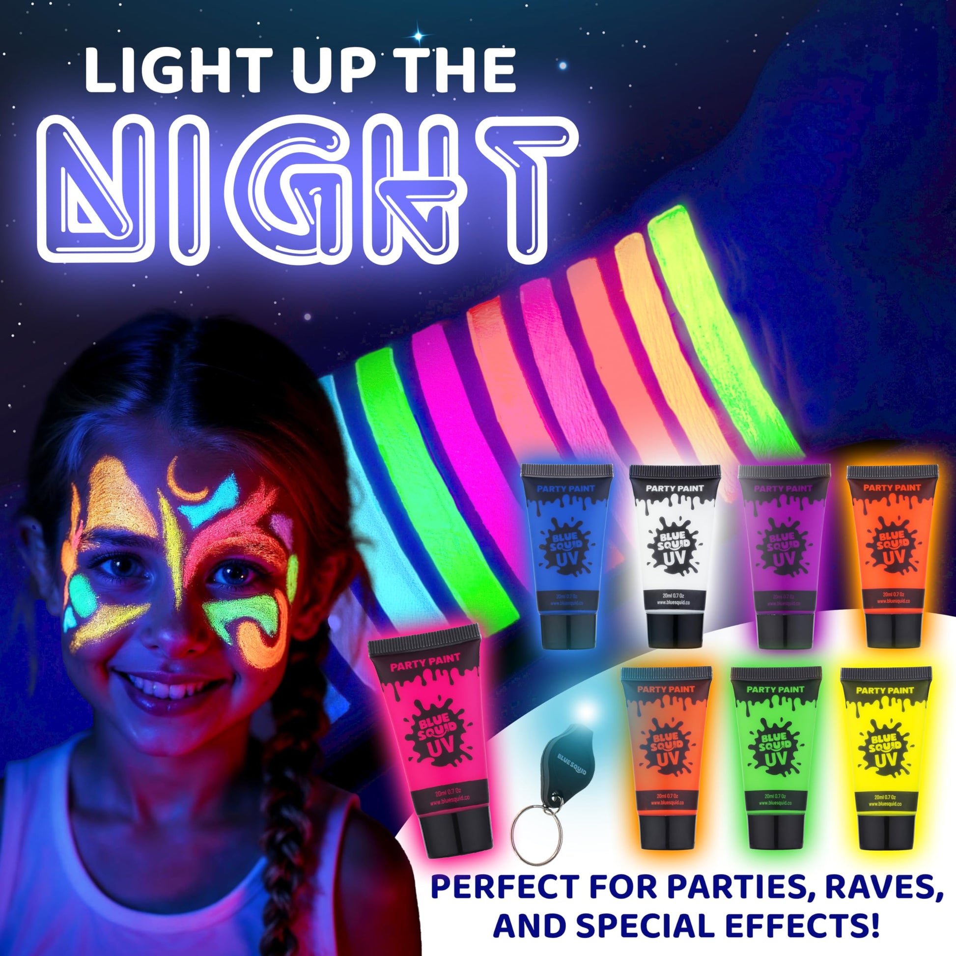 Water-based neon cosmetic paint kit with application brushes and the included mini ultraviolet flashlight.