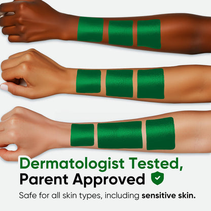 Water droplets sitting on top of a forest green face paint swatch demonstrating waterproof durability