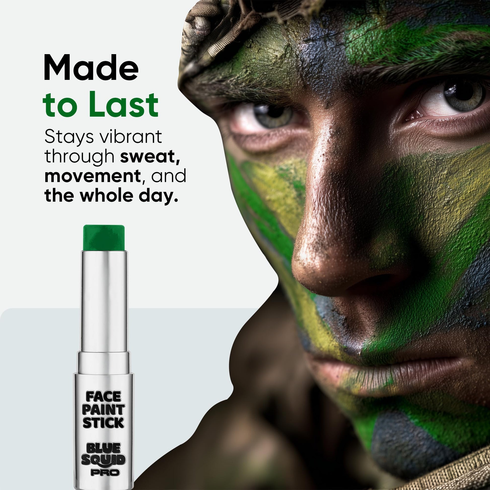 Blue Squid PRO green face paint stick being gently removed from skin with a makeup wipe