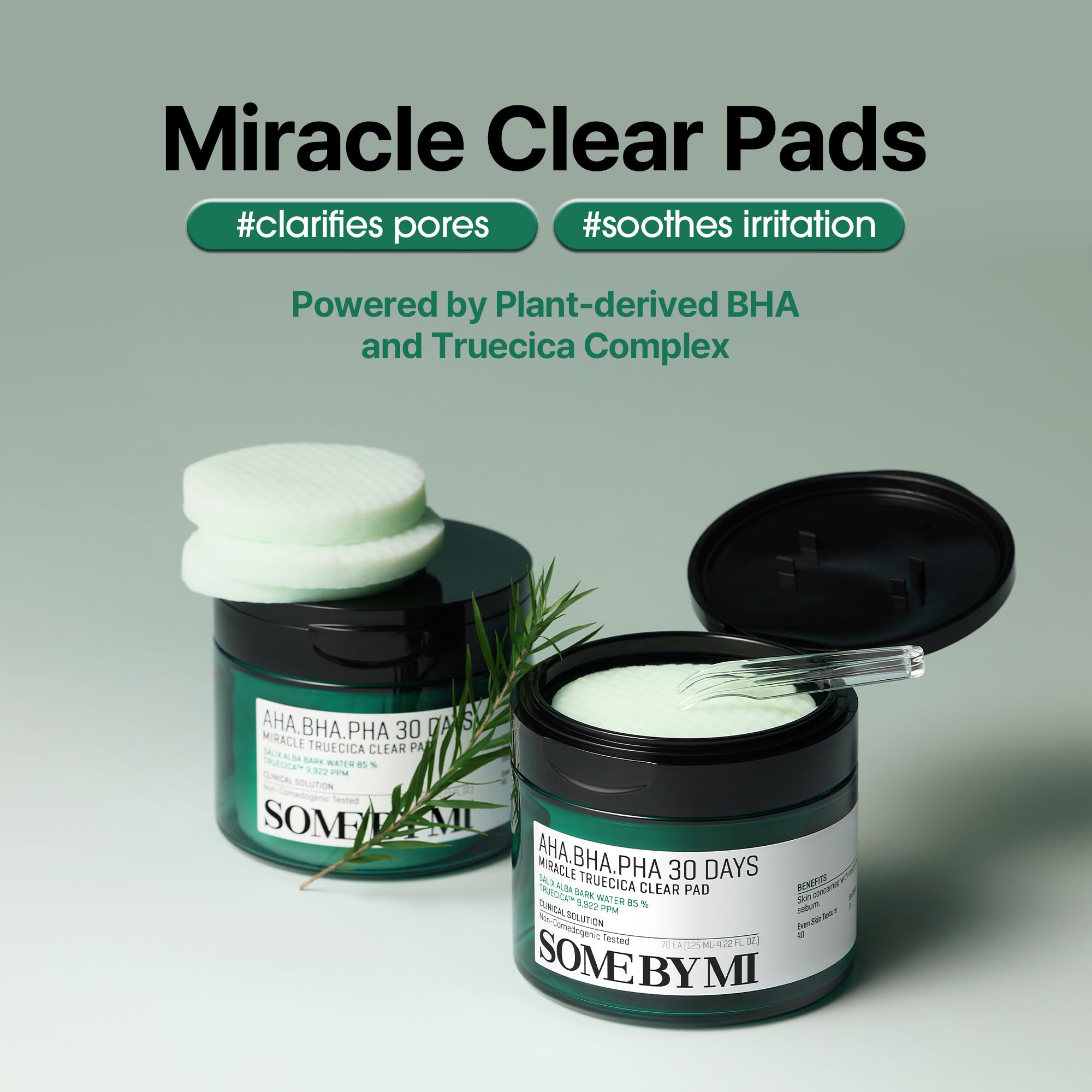 Open container of SOME BY MI Centella face toner pads showing the textured cotton pads and plastic tweezers