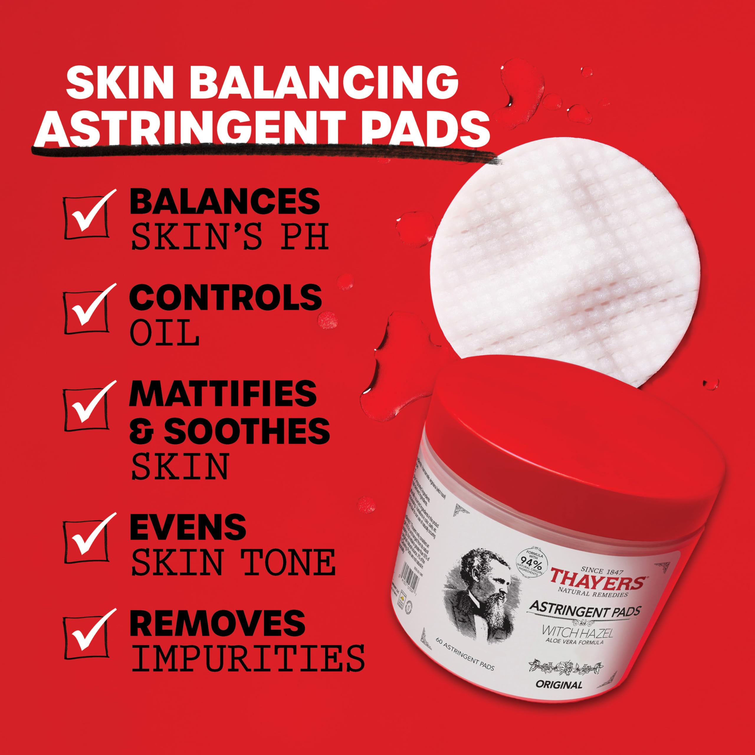 Thayers astringent pads 60 count jar showing label details