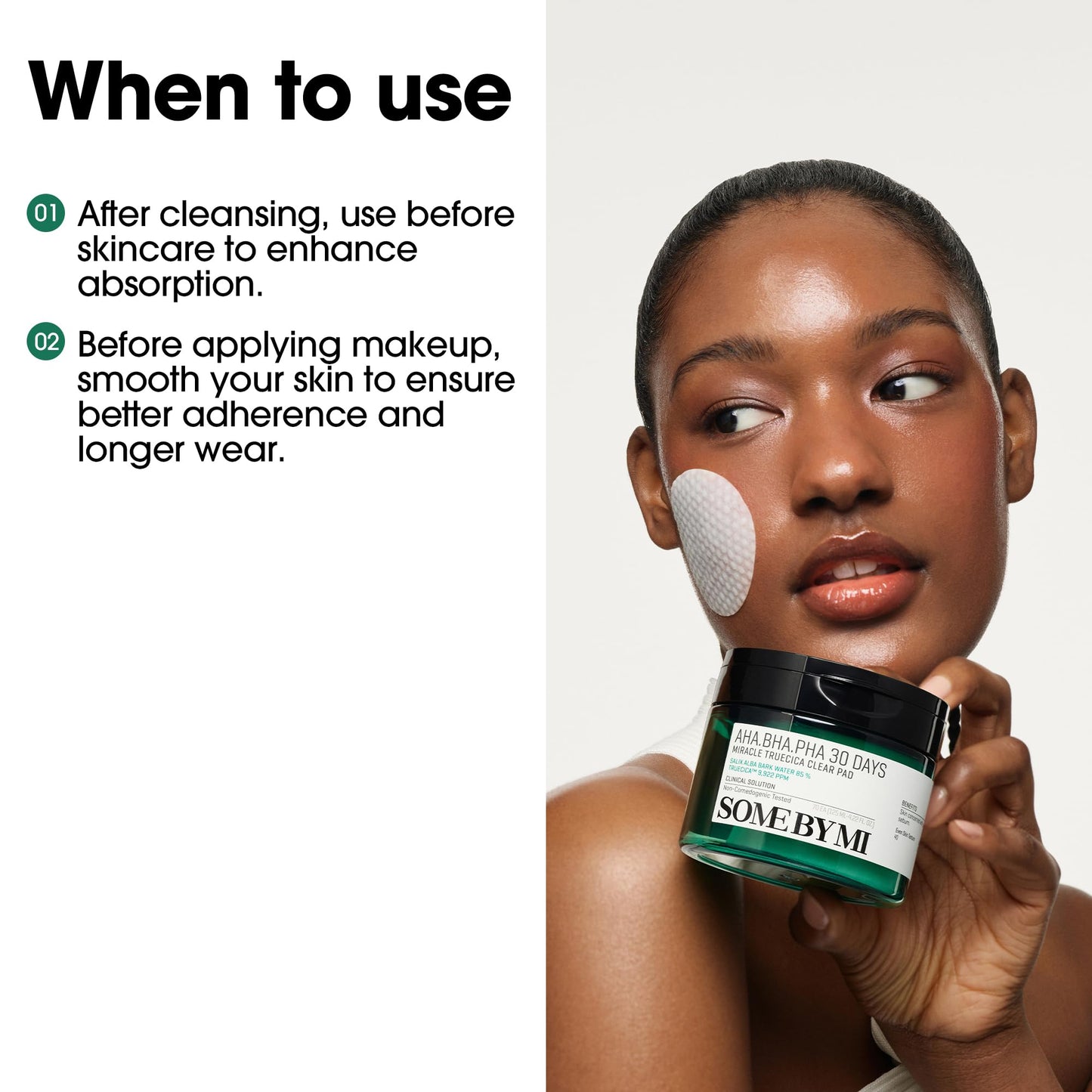 Skincare flat lay featuring the SOME BY MI 70 pads tub displaying the non comedogenic label