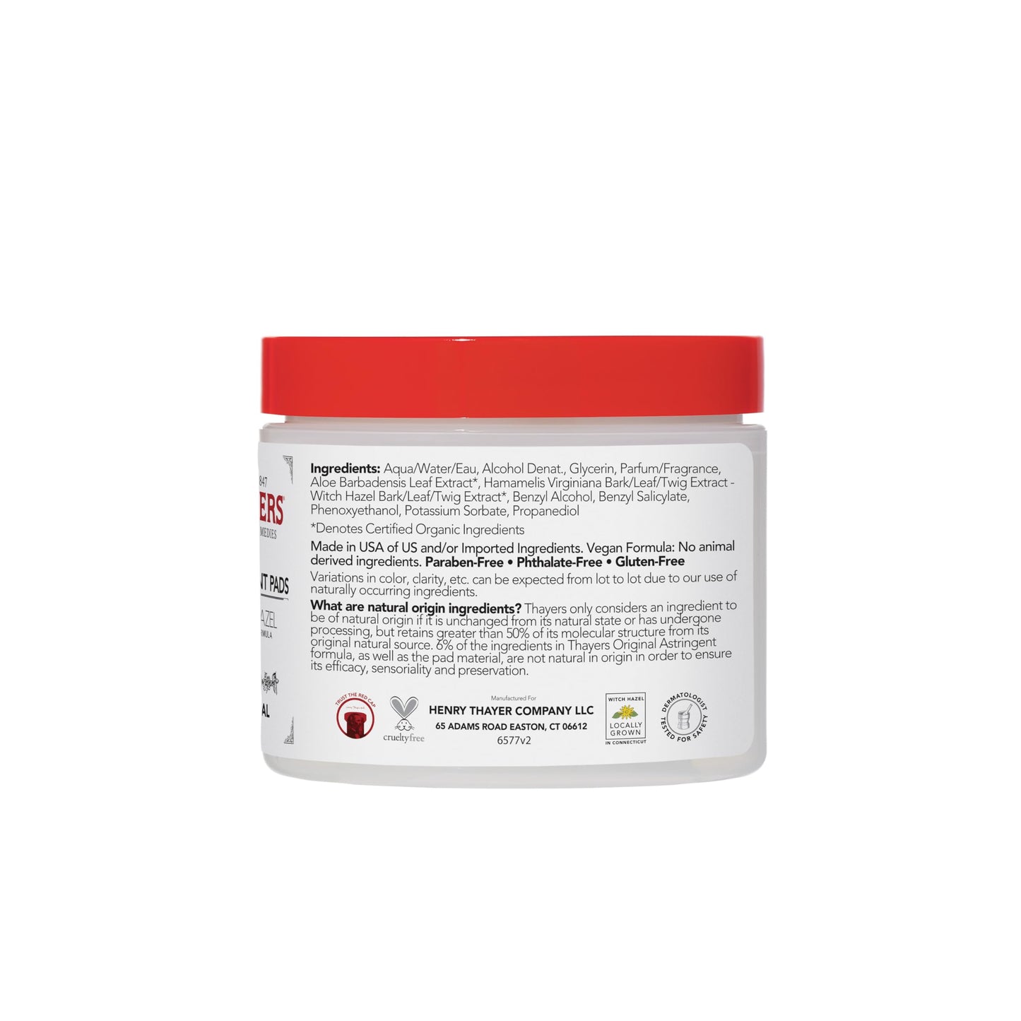 Side profile of Thayers 60 count witch hazel toner pads