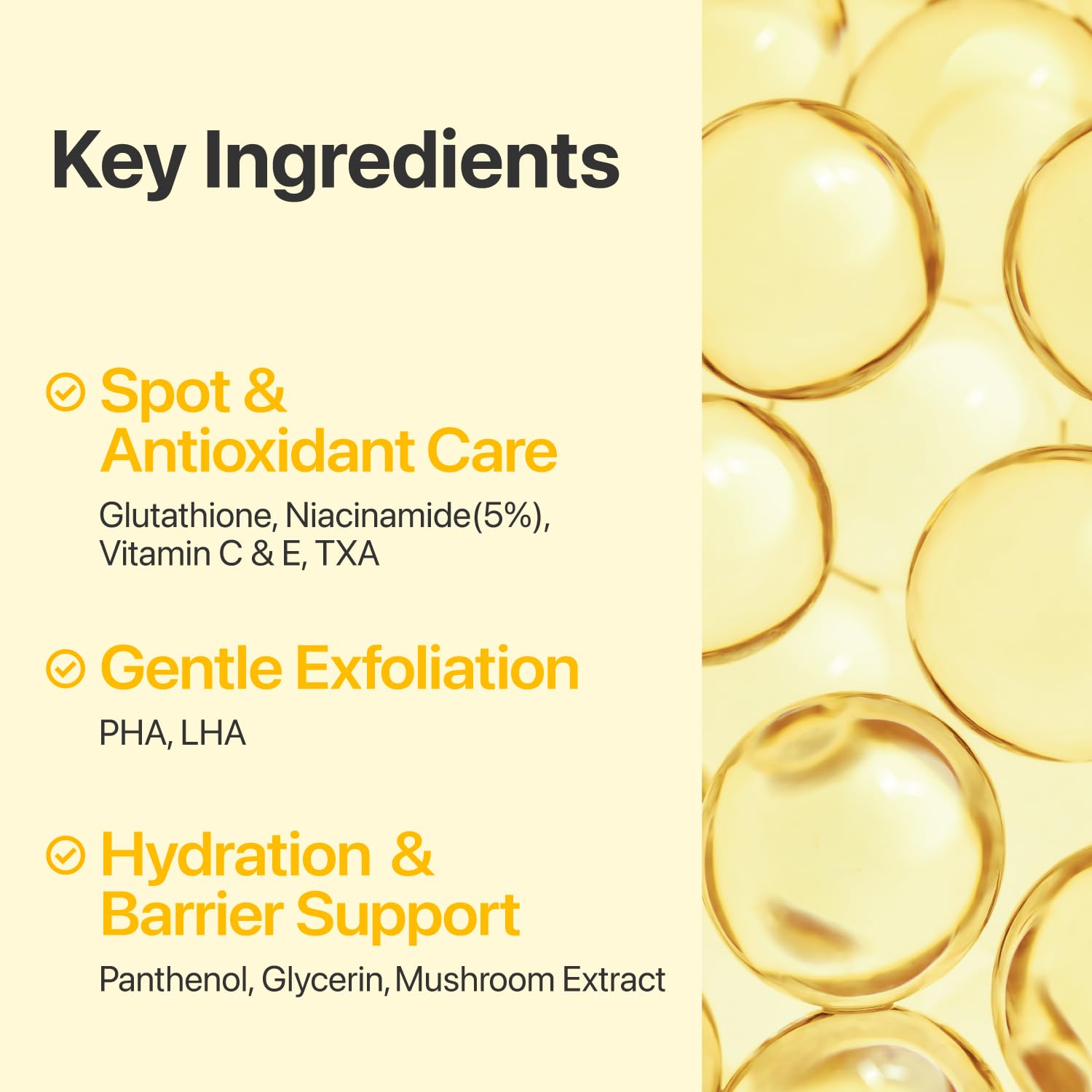 Texture shot of the clear brightening essence fully soaking the seventy cotton facial pads inside the container