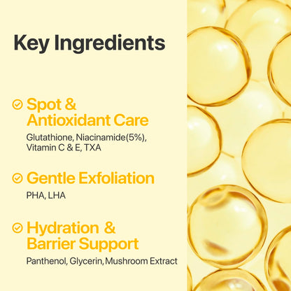 Texture shot of the clear brightening essence fully soaking the seventy cotton facial pads inside the container