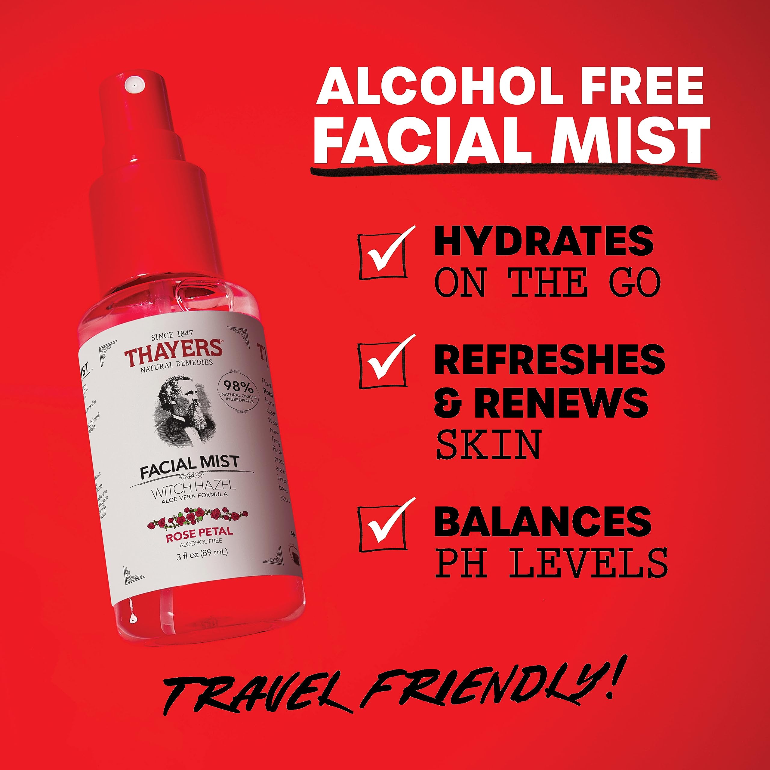 Thayers travel size facial mist bottle with rose petal branding