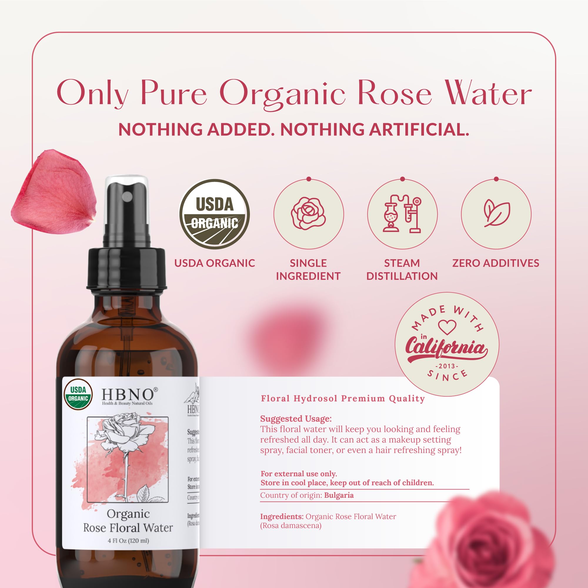 HBNO pure rosewater for hair and skin care packaging